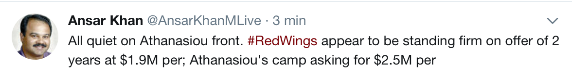 Ça ne va pas trop bien entre Andreas Athanasiou et les Red Wings...