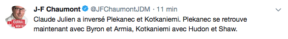 Claude Julien envoie Kotkaniemi sur le 4e trio...