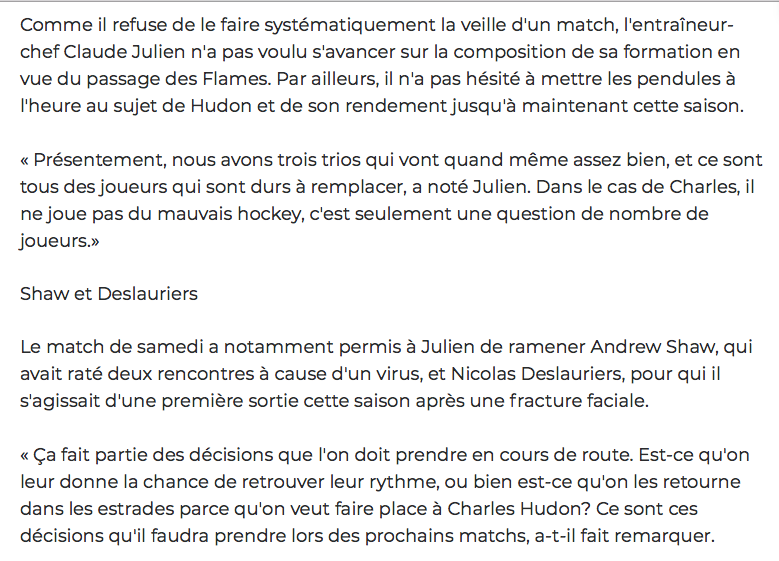 Claude Julien nous jure qu'il n'y a pas de problème entre lui et Charles Hudon...