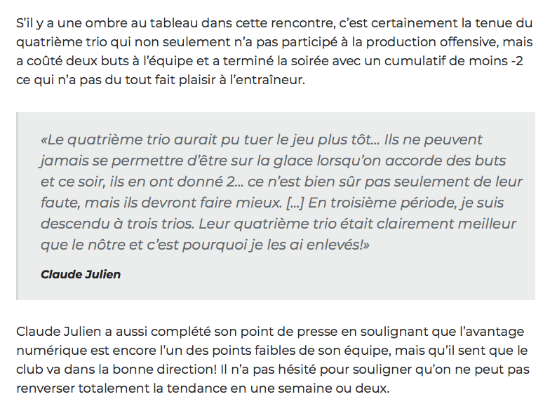 Claude Julien VISE son 4e trio au complet...