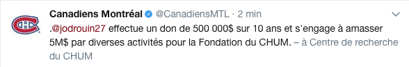 Jonathan Drouin fait un don de 500 000$...