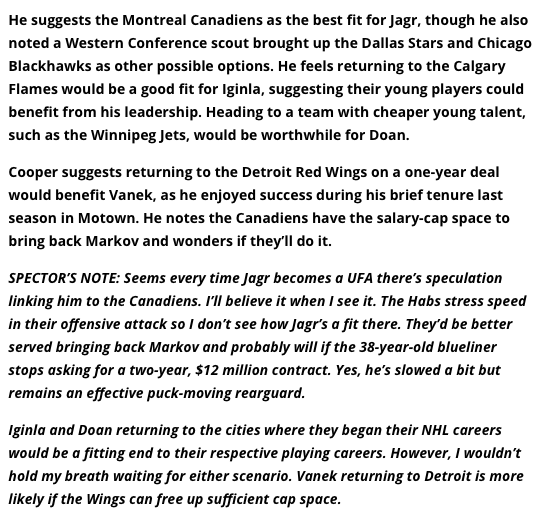 Josh Cooper de ESPN continue d'envoyer Jaromir Jagr à Montréal...