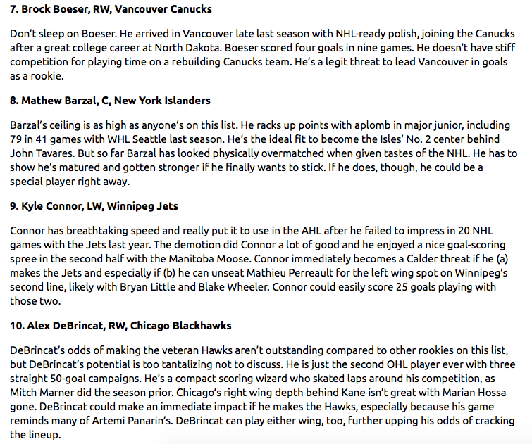  Le TOP 10 des candidats pour le Calder...selon le Hockey News...