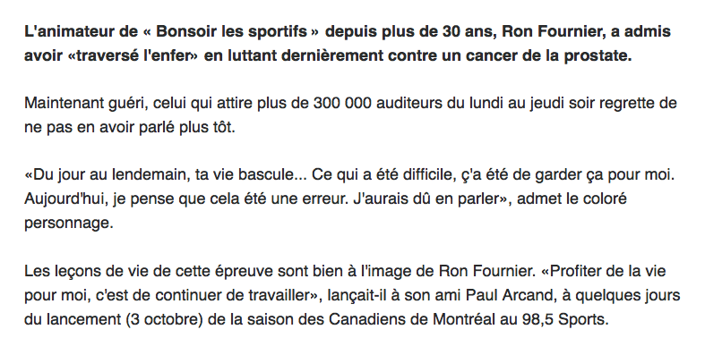 Ron Fournier a failli MOURIR d'un CANCER de la PROSTATE...