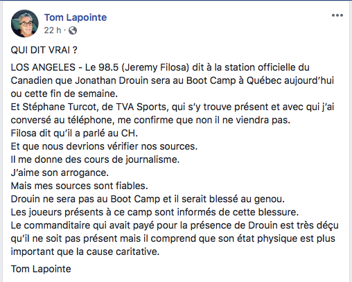 Tom Lapointe persiste et signe:  Jonathan Drouin est GRAVEMENT BLESSÉ au GENOU...