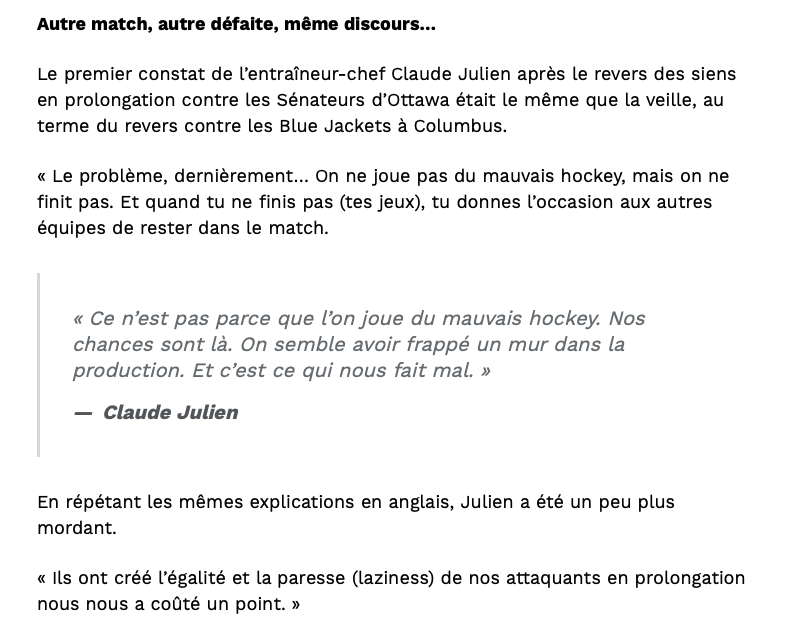 Claude Julien envoie un autre MESSAGE CLAIR à Marc Bergevin..