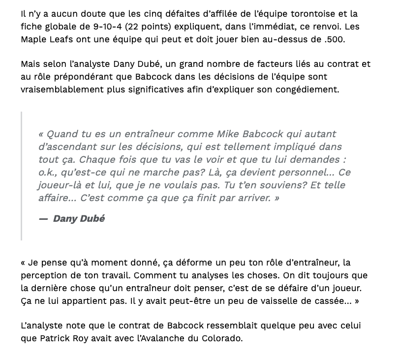 Dany Dubé compare Mike Babcock à Patrick Roy..