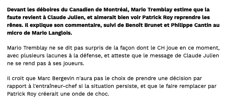 Mario Tremblay VEUT PATRICK ROY à Montréal..