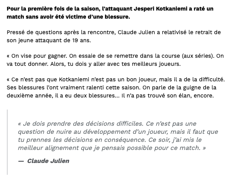 Claude Julien PRESSÉ de questions concernant le RETRAIT de Jesperi Kotkaniemi...