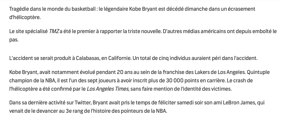 Kobe Bryant meurt dans un ACCIDENT D'HÉLICOPTÈRE....