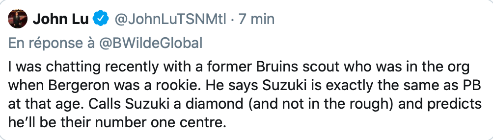 Un dépisteur des Bruins de Boston, compare  Nick Suzuki...