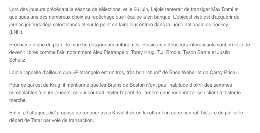 Après Alex Pietrangelo, Jean-Charles Lajoie envoie Torey Krug à Montréal!!!