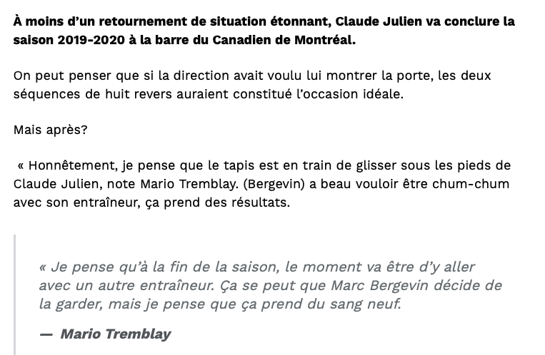 Mario Tremblay CONGÉDIE lui aussi Claude Julien...