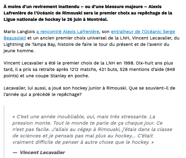 Vincent Lecavalier vs Alexis Lafrenière...