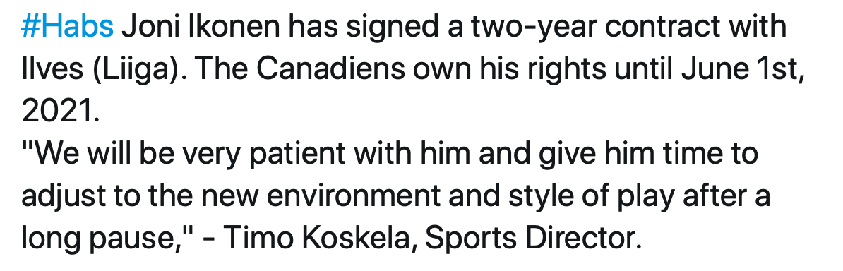 Joni Ikonen ne jouera jamais pour le Canadien ?