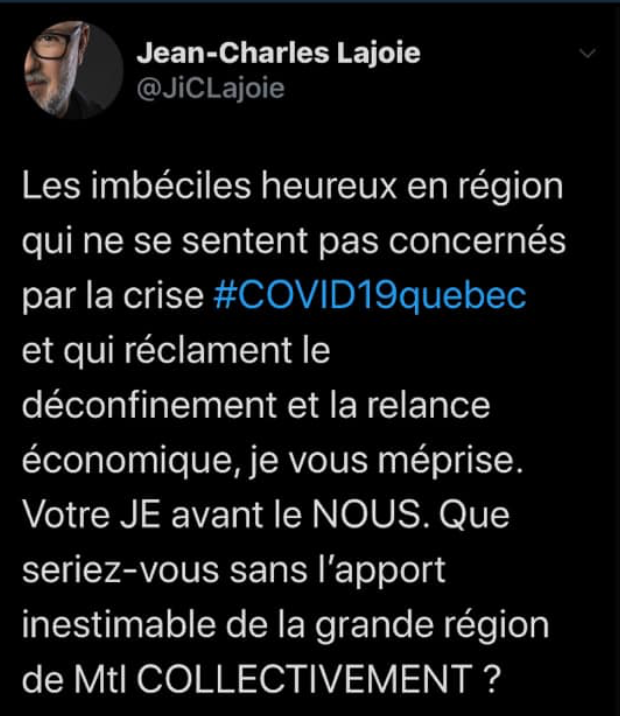 Jean-Charles Lajoie n'aurait pas voulu s'excuser après ses insultes envers les gens des régions.