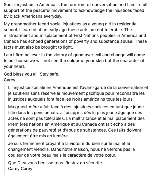 Carey Price réagit ENFIN!!!!! Et publie un MESSAGE contre le RACISME...