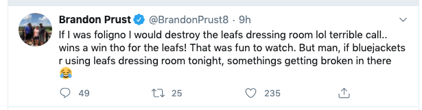 Brandon Prust encourage les joueurs de Columbus à DÉTRUIRE le vestiaire des Leafs!!!!