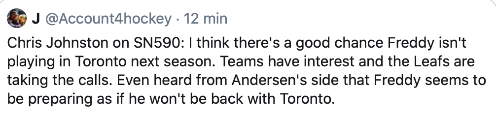 Ça serait la fin de Frederik Andersen à Toronto...