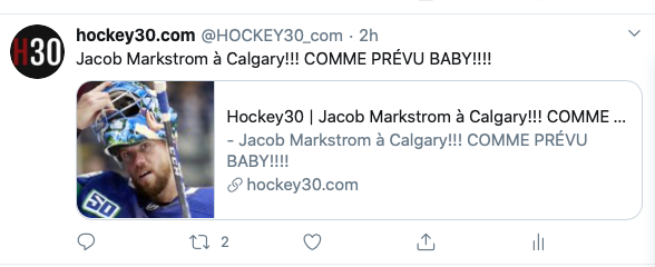 Jacob Markstrom...il y a 2 heures sur Hockey30...6 minutes sur Friedman...