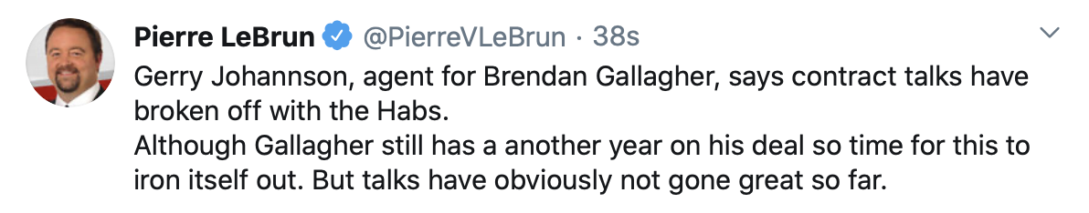 OUCH...L'agent de Brendan Gallagher confirme que ça va mal...