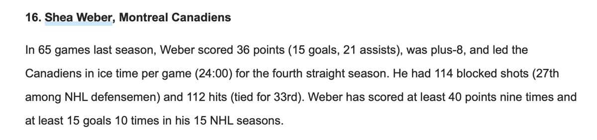 Shea Weber 16e meilleur défenseur de la LNH...