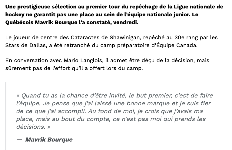 Mavrik Bourque en veut à TEAM CANADA...