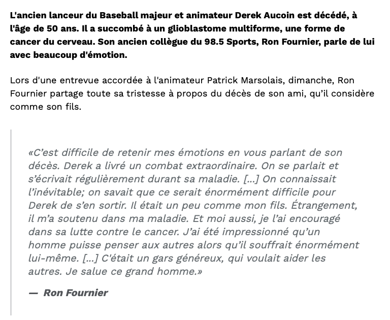 Ron Fournier TRÈS ÉMU par la mort de Derek Aucoin..