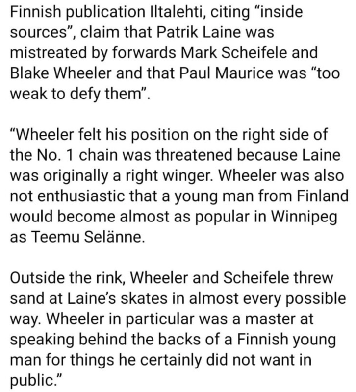 Patrik Laine, traité comme une M...par Scheifele et Wheeler...