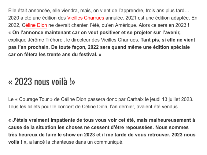 Céline Dion aux VIEILLES CHARRUES!!!!