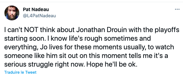 Certains craignent pour la vie de Jonathan Drouin...