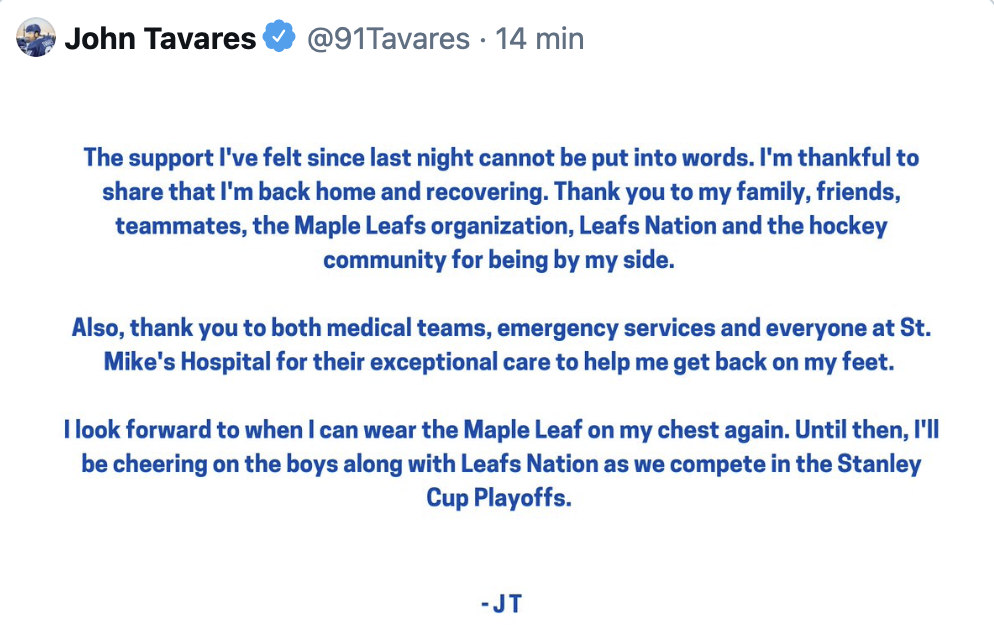 John Tavares écrit un communiqué...