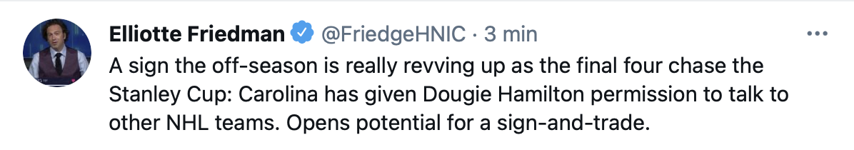 AYOYE...Les Hurricanes donnent la permission à Dougie Hamilton...