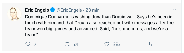 Jonathan Drouin est en CONTACT avec l'équipe..