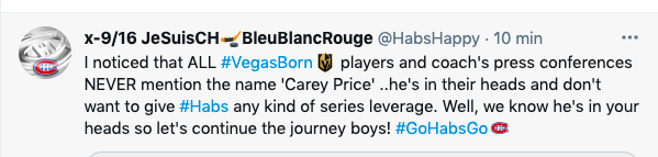 Pas un seul joueur de Vegas..A prononcé le nom de Carey Price...