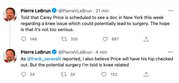 Carey Price serait BLESSÉ au GENOU selon Pierre LeBrun!!!