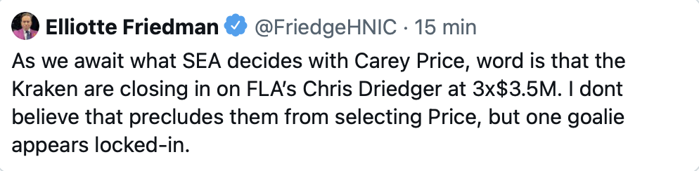 Le contrat à Chris Driedger serait réglé, mais Price toujours une cible...