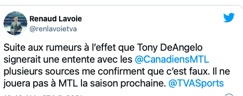 Tony DeAngelo ne signera pas à Montréal...Renaud Lavoie vient de WAKE UP!!!