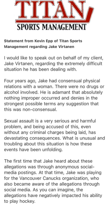 SCANDALE: l'agent de Jake Virtanen réagit aux ACCUSATIONS de la victime...