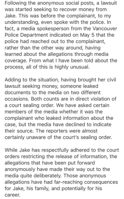 SCANDALE: l'agent de Jake Virtanen réagit aux ACCUSATIONS de la victime...