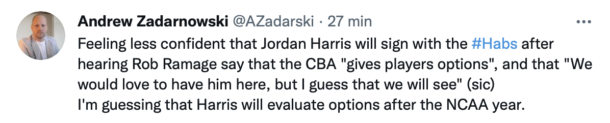 Jordan Harris ne signera jamais avec le Canadien...