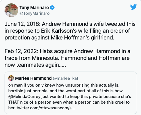 La femme d'Andrew Hammond n'a jamais accepté que la femme de Mike Hoffman HARCÈLE la femme d'Erik Karlsson...