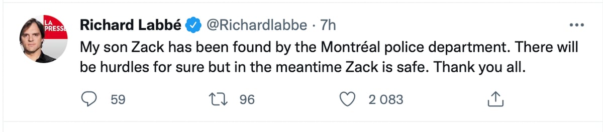 Le fils de Richard Labbé a été retrouvé par la police de Montréal...