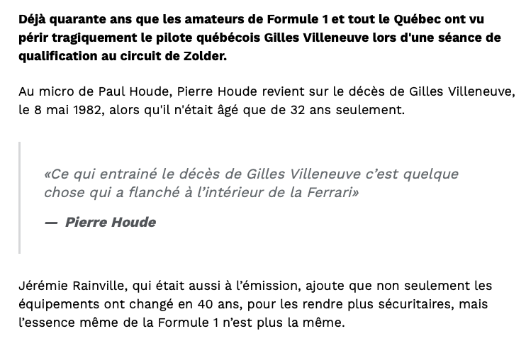 Le Québec aimera à jamais Gilles Villeneuve...alors que Jacques...