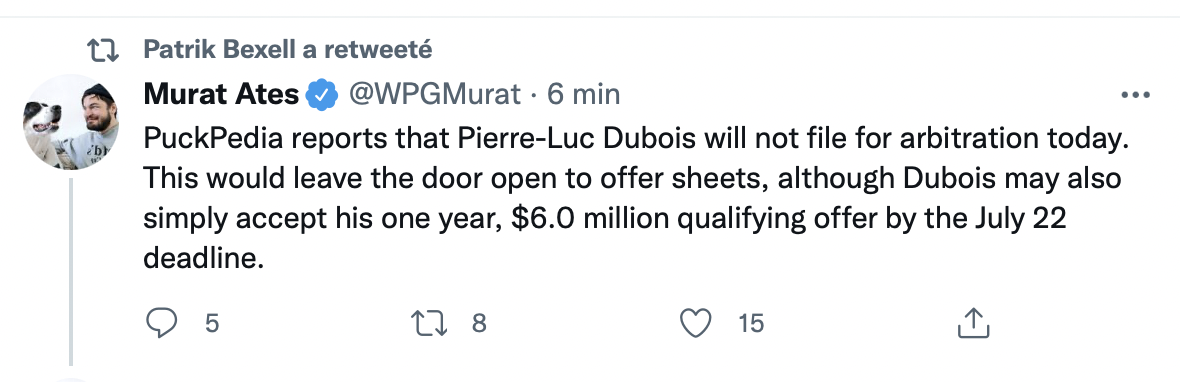 Pierre-Luc Dubois renconce à son droit d'arbitrage...AYOYE!!!!!