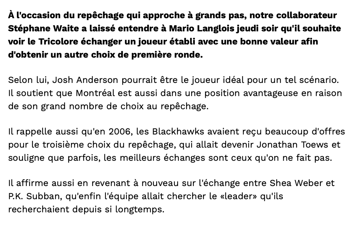 Transaction de Josh Anderson: Stéphane Waite...