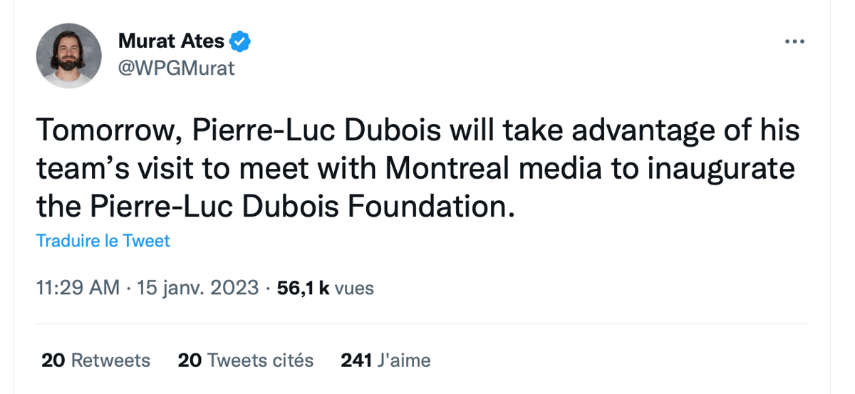 Les représentants de Pierre-Luc Dubois avertissent les médias de Montréal...