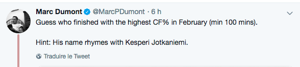 4 joueurs du CH dans le TOP 6 du CORSI pour le mois de février...