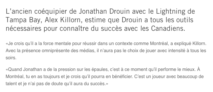  À écouter Alex Killhorn parler de son CHUM Jonathan Drouin...