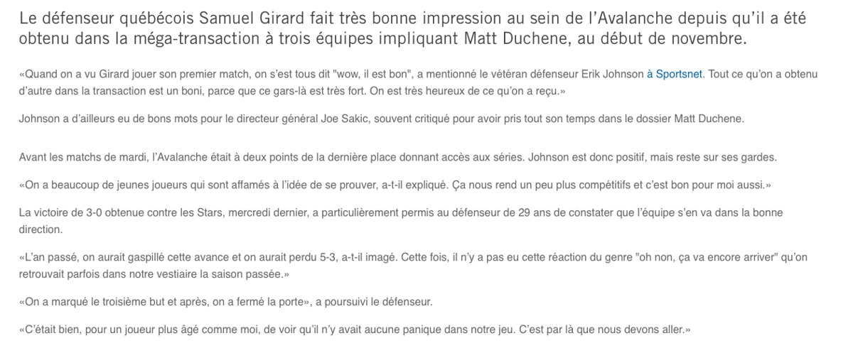 À lire ce que les coéquipiers de Samuel Girard disent...